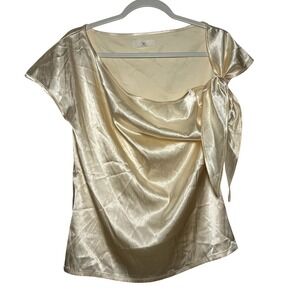 VIDUSSA Satin Drape Tie Neck Short Sleeve Top Champagne Size‎ S